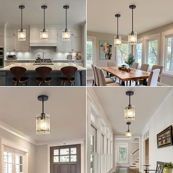 Black Glass Pendant Lights Kitchen Island, Water Ripple Round Pendant Lights Adjustable Modern Hanging Pendant Light Fixtures for Kitchen Island Dining Room Above Sink Foyer Entryway 2 Pack