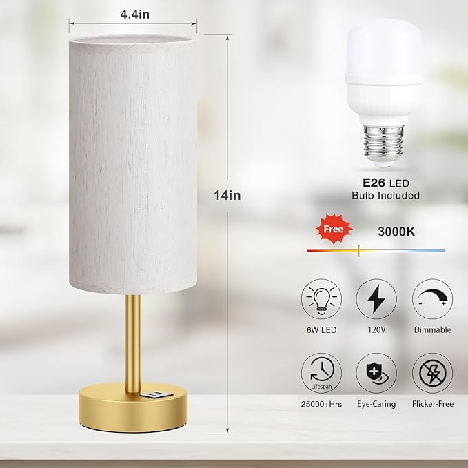 Dicoool Small Touch Bedside Lamp with USB - 3 Way Dimmable Gold Table Lamp for Bedroom, Nightstand Lamp with Gold Charging Station for Desk Dorm, Office