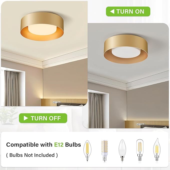 Glass Gold Flush Mount Ceiling Lights, Modern Round Ceiling Lighting, Minimalist Drum Close to Ceiling Light Fixtures for Bedroom, Dining Room, Bathroom, Hallways, Laundry Room