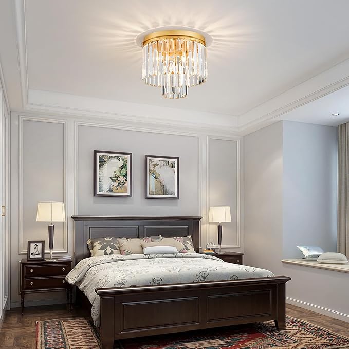 Crystal Ceiling Light, 3-Light Modern Flush Mount Ceiling Light Fixture for Living Room, Dinning Room, Hallway, D12 x H13inch, Brass Finish Frame & K9 Crystal