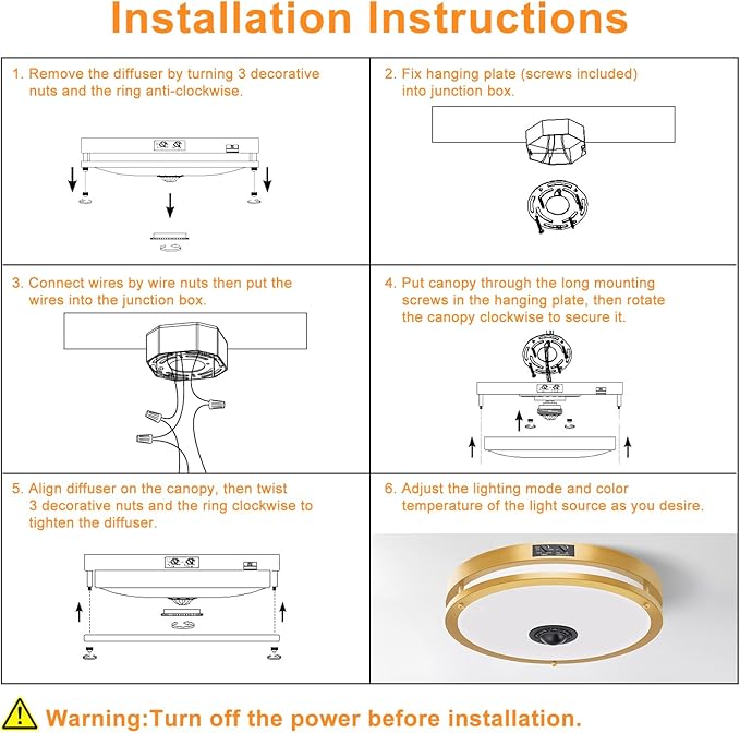 24W LED Motion Sensor Outdoor Ceiling Light, 12IN 2700K/3000K/3500K/4000K/5000K Adjustable Ceiling Lights, Dusk to Dawn Flush Mount LED Ceiling Light Fixture for Porch, Garage, Gold