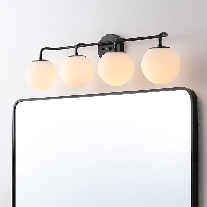 JONATHAN Y 31" Black Modern Globe Wall Sconce Vanity Light for Bathroom, White Frosted Glass Shade, Midcentury Parisian Bistro Wall Lamp, LED Bulb Included (JYL3558B)