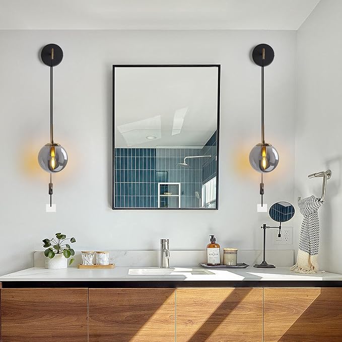 KUZZULL Wall Sconces Set of Two Black and Brass Gold Plug in Wall Sconces Set of 2 with Globe Smoke Grey Glass Shade Wall Lights Wall Lamps for Bedrooms Sconces Wall Decor Set of 2 with Plug in Cord