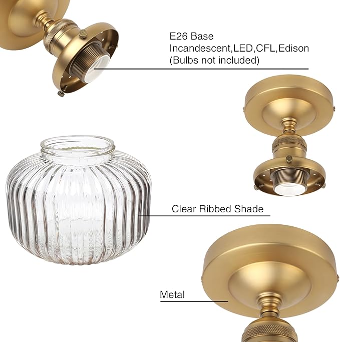 PERMO Small Semi-Flush Mount Ceiling Light Flat Ribbed Glass Shade, Antique Gold Finish, Modern Hallway Lighting Fixture