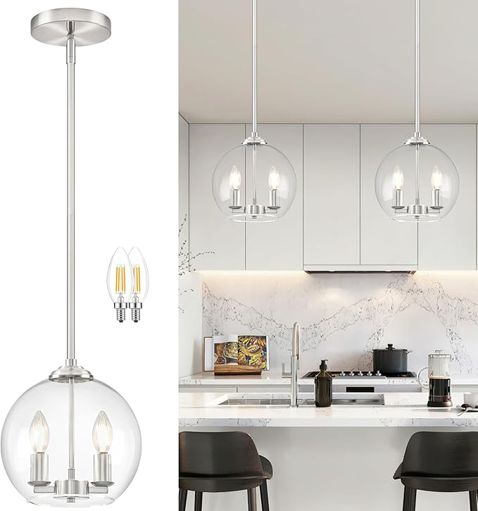 10" Globe Pendant Lights Kitchen Island Glass Globe Pendant Light Fixture Bedroom Mid Century Modern Pendant Lighting Nickel Pendant Light for Kitchen Island Dinning Room (Bulb Incl.)
