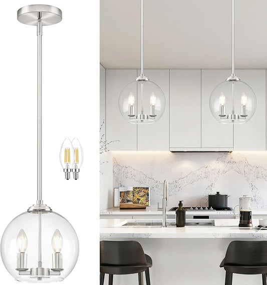 10" Globe Pendant Lights Kitchen Island Glass Globe Pendant Light Fixture Bedroom Mid Century Modern Pendant Lighting Nickel Pendant Light for Kitchen Island Dinning Room (Bulb Incl.)