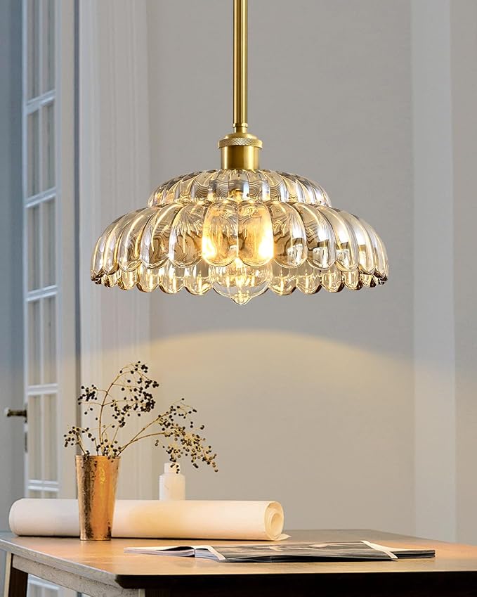 Elegant Amber Glass Pendant Lamp with Gold Base, Modern Chic Lighting Fixture for Living Room, Bedroom, and Office