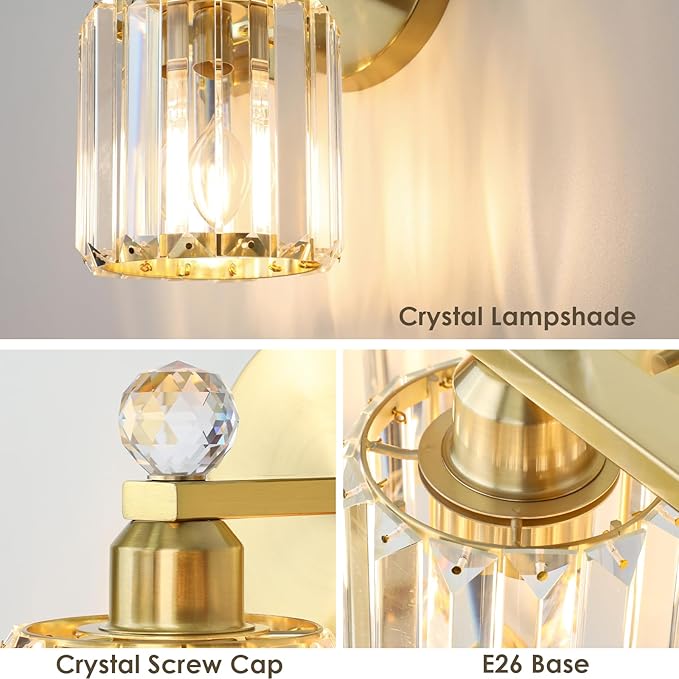 1-Light Gold Bathroom Light Fixtures,Modern Bathroom Vanity Lights Fixture with Clear Crystal Glass Shade,Gold Bath Wall Mount Lights, Light Fixtures for Bedroom Living Room