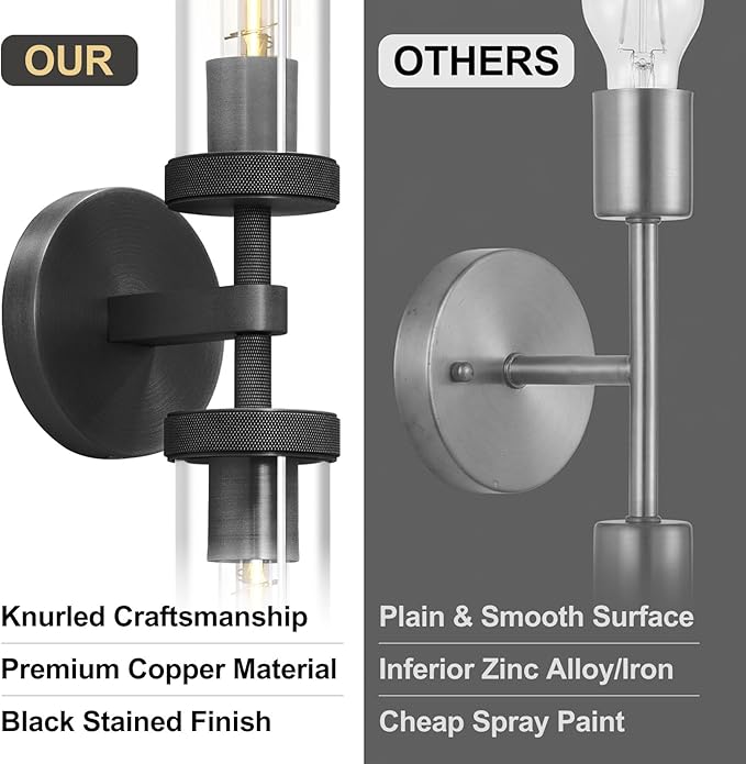 Modern 2-Light Black 30in Knurled Wall Sconces, Double Glass Sconces Wall Lighting, Bathroom Vanity Light Sconces, Wall Lights for Living Room Bedroom Hallway Kitchen Bathroom Mirror Includes bulbs
