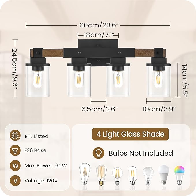 4-Light Bathroom Light Fixtures, Farmhouse Vanity Lights for Bathroom with Glass Square Shade, Rustic Vanity Lights, Sconce Wall Light, E26 Base (Bulbs Not Included), ETL Listed FS09BD05