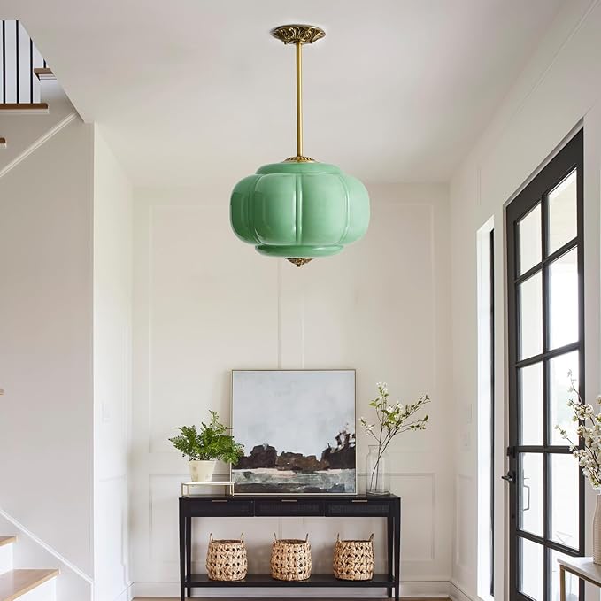 Green Milk Glass Ceiling Light Fixture,Milk Glass Pendant Light ,Semi Flush Mount Pendant Light Vintage Schoolhouse Ceiling Light for Kitchen Island, Living Room, Dining Room, Bedroom (Green, 15 Inch)