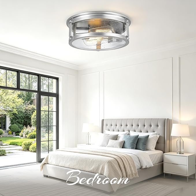 Flush Mount Ceiling Light, 2-Light Metal Cage Ceiling Light Fixture, Brushed Nickel Flush Mount Light with Seeded Glass Shade for Kitchen, Hallway, Bedroom (12 Inch)