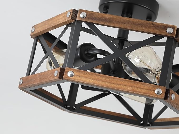 3-Light Rustic Farmhouse Wood Flush Mount Ceiling Light Fixture 14.5 inch Oak Wood and Metal Hexagon Cage Semi Flush Mount Ceiling Light for Hallway Hall Entry Bedroom Kitchen Farmhouse, Black