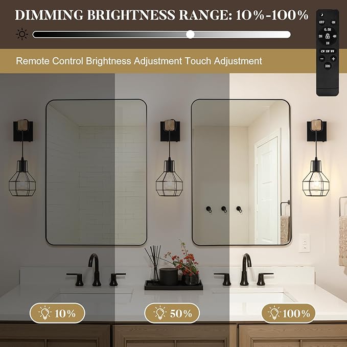 Battery Operated sconces Set of 2 for Bathroom, Dimmable Wall Sconces with Remote Control, Black LED Wireless Wall Lights for Living Room, Hallway,(2 Pack)
