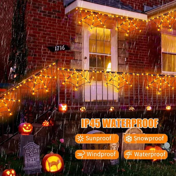 Halloween Spider Web Lights Outdoor, Solar Light up Cobweb String Lights with 60LED Lights, Spiderweb Curtain Fairy String Lights for Halloween Decorations Fireplace Proch Window Garden (Orange)