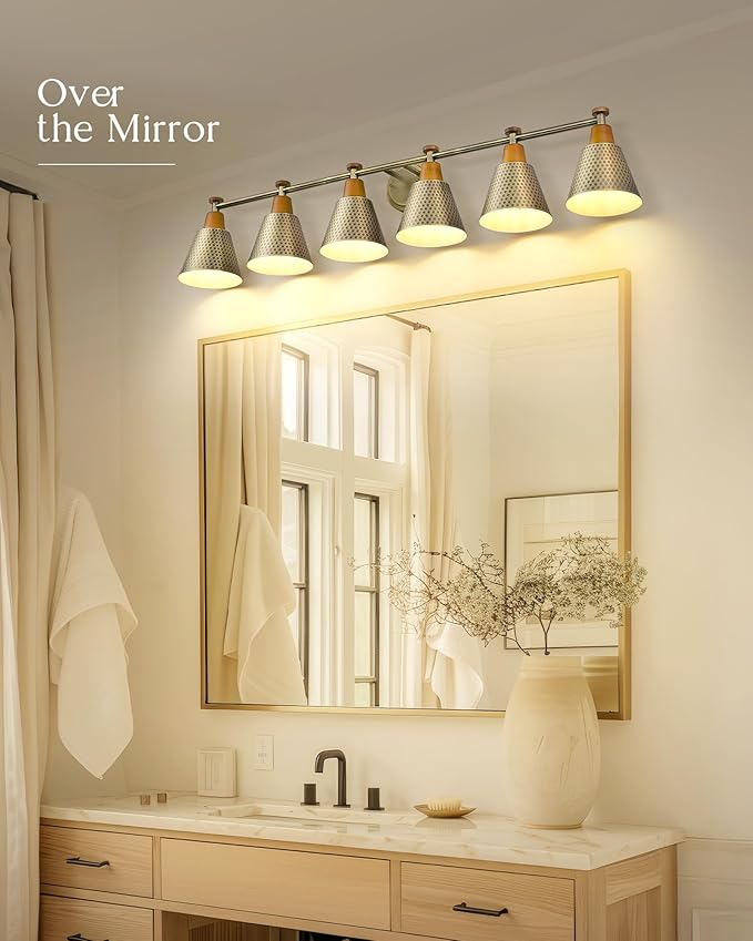 FEMILA Gold Light Fixture Bathroom, 6 Light Brushed Gold Vanity Light, 45.3" Bathroom Lighting Fixture Over Mirror, 4FG59B-6W BG