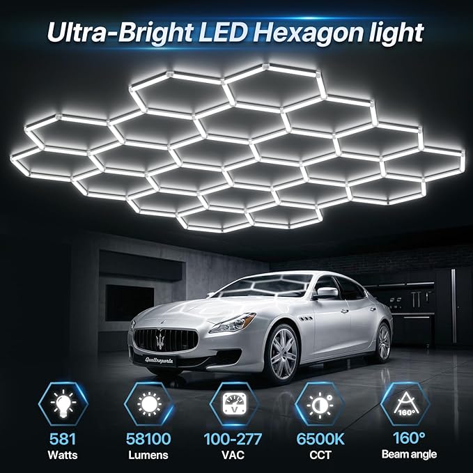 HYPERLITE Gen 2 Hexagon Garage Light, Upgraded 3 Level Dimmable 581W 58100LM Super Bright Garage Detailing Lights, 22 Grids Hexagon Shop Lights, Hex LED Lights for Basement, Gym, Barber