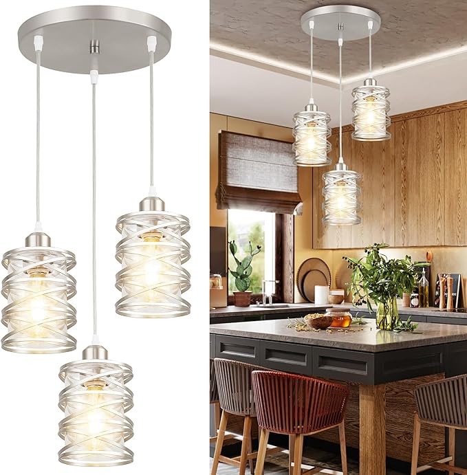 Brushed Nickel Cluster Pendant Lights, 3-Light Kitchen Island Pendant Light Fixtures with Clear Glass Shades, Adjustable Spiral Iron Dining Room Hanging Light Fixture