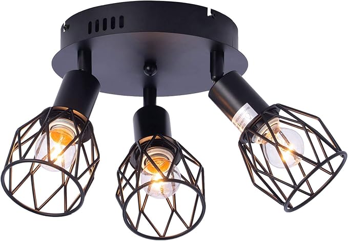 Industrial Semi Flush Mount Ceiling Light, 3-Light Multi-Directional Ceiling Light Fixtures, Vintage Black Metal Wire Cage Farmhouse Pendant Lighting for Kitchen Dining Room Hallway Foyer Bedroom E26