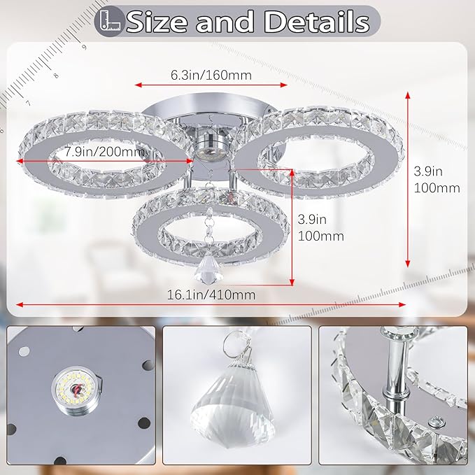 Dimmable LED Crystal Ceiling Light 13x3.5 Inches 3 Rings Crystal Chandelier Flush Mount Lighting Fixture for Bedroom Hobby Living Room