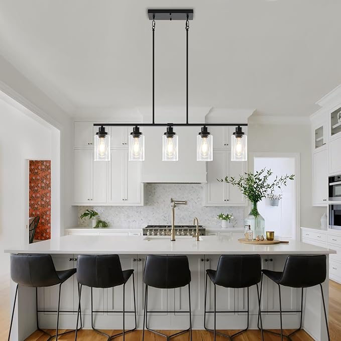 Modern Island Lights for Kitchen, Black Dining Room Light Fixtures Over Table 5-Light Farmhouse Linear Chandelier Adjustable Hanging Kitchen Lights Ceiling Clear Glass Pendant Lighting Over Island