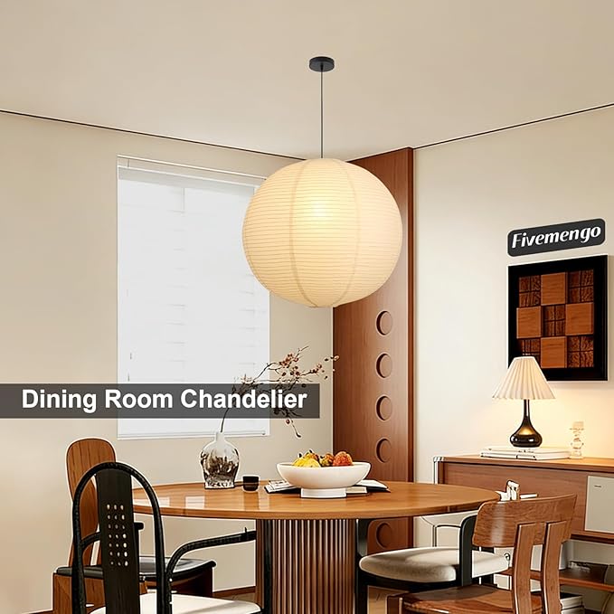Large Paper Pendant Light with Cord and Canopy, 23.6in Off-White Rice Paper Hanging Lamp, Japanese Japandi Wabi Sabi Lantern Lamp Chandelier for Living Dining Room Bedroom Kitchen 1 Pack