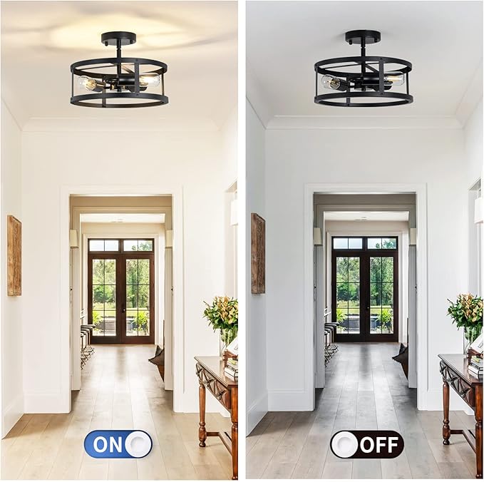 3-Light Semi Flush Mount Ceiling Light, Farmhouse Black Metal Cage Fixture, Industrial Lighting for Kitchen Foyer Hallway Entryway 2 Pack