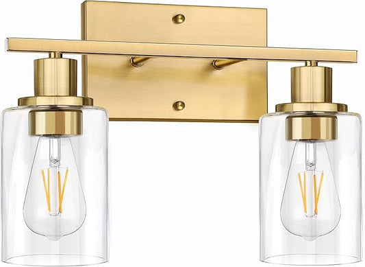ShineTech 2-Light Gold Bathroom Vanity Fixtures, Modern Wall Lighting with Clear Glass, Brushed Brass Wall Sconce Light for Mirror, Living Room