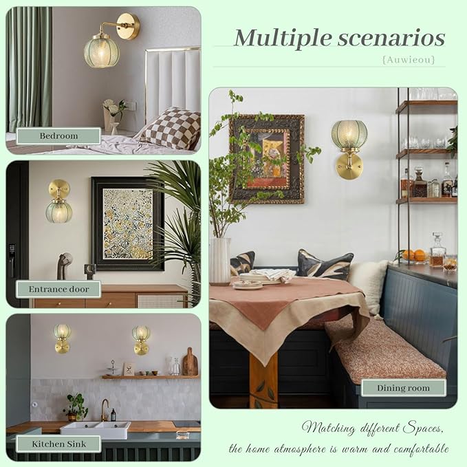 Gold wall Sconce Vintage Wall Sconces Light Wall lamp with Ribbed Green Glass Shade mid Century Modern Bathroom Vanity Light Art Deco Vanity Lights Over Mirror Bedroom Hallway Living Room