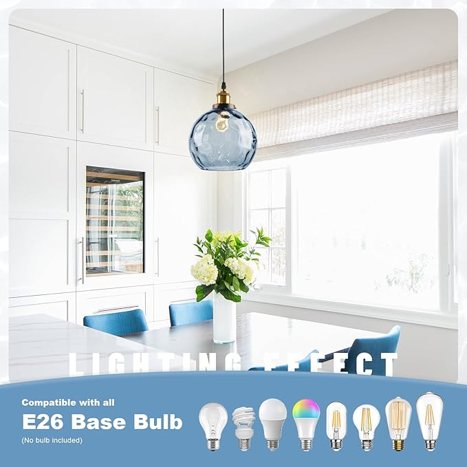 Modern Pendant Lights Kitchen Island, Hand Blown Glass Hanging Kitchen Lights with 7.8" Blue Hammered Globe, 1-Light Island Pendant Lights for Kitchen Dining Room Bathroom Bedroom