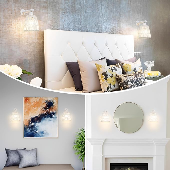 White Battery Operated Wall Sconce Set of 2, Boho Rattan Rechargeable Wall Lights with Dimmable Bulbs and Remote,15 Colors Wireless Wall Lamps for Bedroom Living Room Hallway Decor