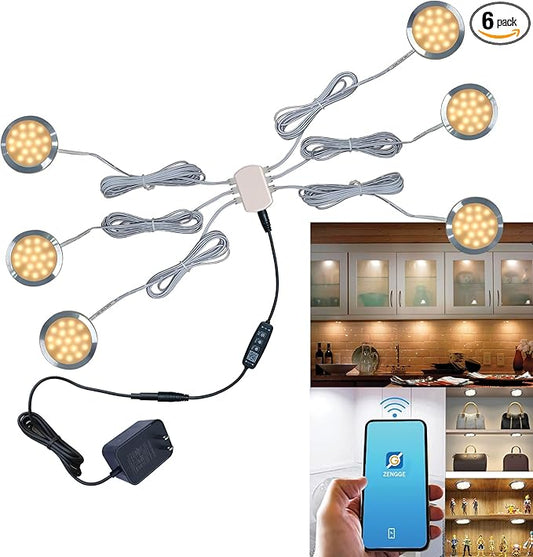 Smart LED Puck Lights with APP Control, Dimmable Cabinet Lighting with Bluetooth, Music Sync and Timer Function, Under Cabinet Lights, DC 12V Adaptor (Warm White, APP 6Pack)