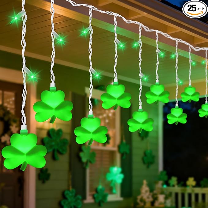 25 LED Green Shamrock Icicle Lights, 6.75FT St. Patricks Day Lights Curtain String Lights with 10 Shamrock & 25 LED Light for Lucky Clover St Patrick's Decorations Indoor Home Window Proch Party Decor