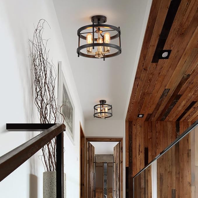 AGV LIGHTING Semi Flush Mount Ceiling Light Fixture, 3-Light Farmhouse Light Fixture Ceiling Mount, Black & Gold Finish