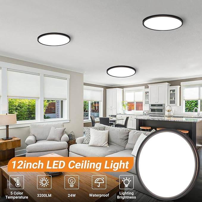 slochi 2Pack LED Flush Mount Ceiling Light Fixture, 12 Inch 24W, 3200LM, Super Slim 0.7 Inch, 3000K-6500K Adjustable Low Profile LED Ceiling Lights for Bedroom, Kitchen, Hallway(Oil Rubbed Bronze)