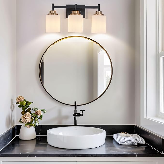 18-Inch Bathroom Vanity Light, 3-Light Black Gold Wall Sconce with White Glass Shades, Modern Hardwired Vanity Lighting Fixture