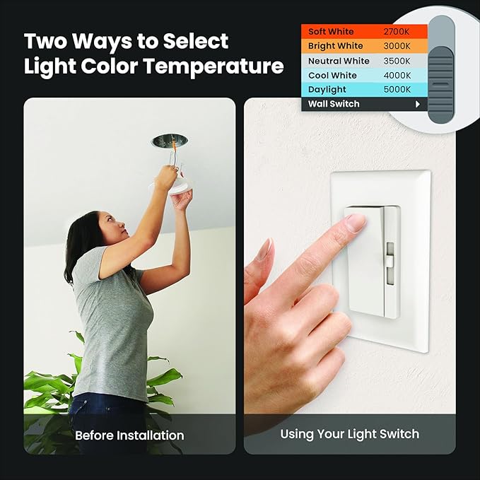 Feit Electric 6" LED Canless Recessed Downlight with Night Light Mode and Integrated J-Box, 85W EQ, Dimmable, 5CCT Selectable White, 1200 Lumens, 50,000-hour Lifetime, LEDR6XT/HO/NL5CCTCA4, 4 Pack