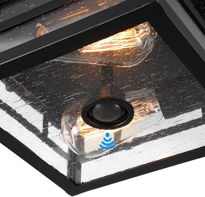 Outdoor Flush Mount Motion Sensor Ceiling Light - Timeless Industrial Design with Seeded Clear Glass for Your Porch, Driveway, Covered Patio, Farmhouse, and Entryway