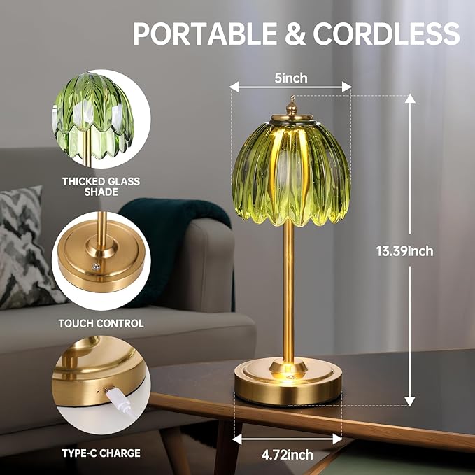 Shenmoyl Tulip Table Lamp with 5000mAh Battery & Touch Control, Cordless Table Lamp with 3 Colors, Dimmable Rechargeable Table Lamps for Bedroom, Nightstand, Living Room, Entryways (Green Tulip)