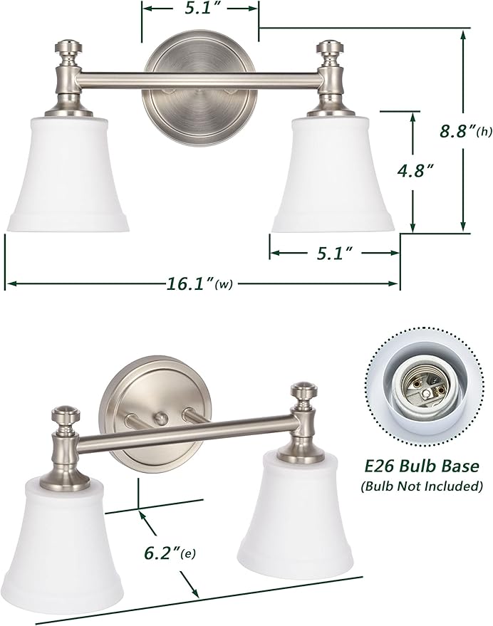 Bathroom Vanity Light Fixtures, Traditional Brushed Nickel 2 Lights Wall Sconce Lighting with Opal Glass Shade, Porch Wall Mount Light Fixture for Bathroom, Mirror Cabinets Hallway Stairs