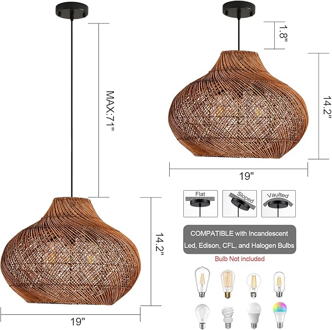 18.9IN Boho Rattan Chandelier 3-Lights Hand-Woven Rattan Pendant Light Farmhouse Wicker Dining Room Light Hanging Bamboo Pendant Light Fixture for Kitchen Island Living Room Hallway Reataurant
