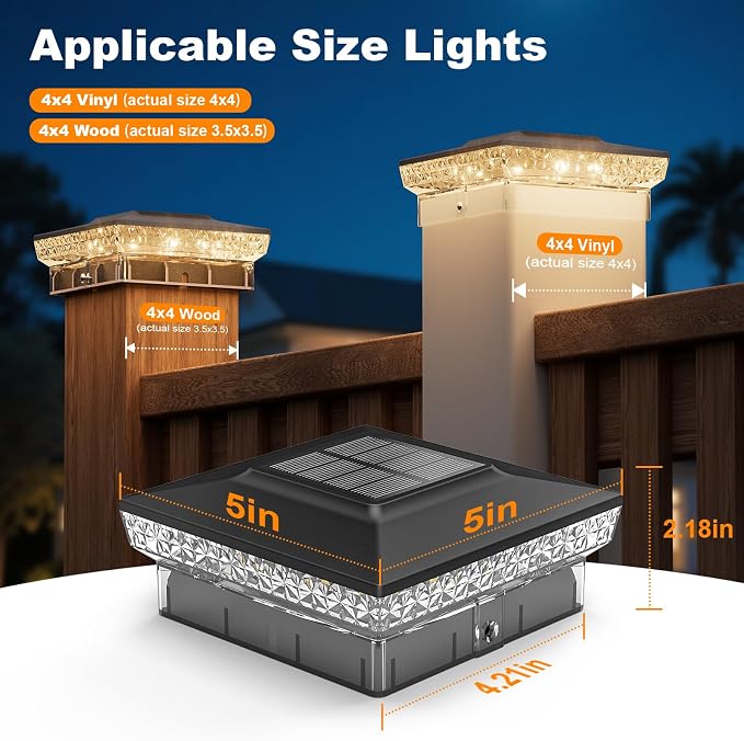 APONUO Solar Post Cap Lights for 4x4 Wood &Vinyl Posts, 3 Light Modes & 800mAh Battery, IP65 Waterproof Rugged Unibody, Solar Outdoor Lights for Fence, Deck & Patio (Black, 16 Pack)