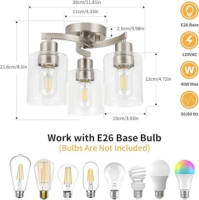 WILON Semi Flush Mount Ceiling Light Fixture, 3-Light Brushed Nickel Light Fixture with Clear Glass Shade, Modern Chandelier Small Ceiling Lamp for Kitchen Hallway Entry Way Bedroom Foyer Dining Room