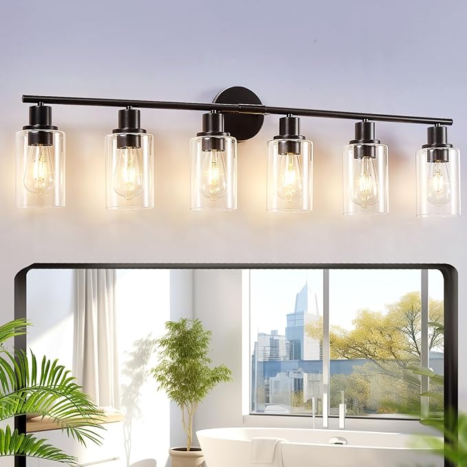 DLLT 6-Light Bathroom Light Fixtures: Black Modern Vanity Lights with E26 Bulbs - Clear Glass Shade Bathroom Wall Lamp for Mirror Kitchen Living Room Hallway Cabinet Porch