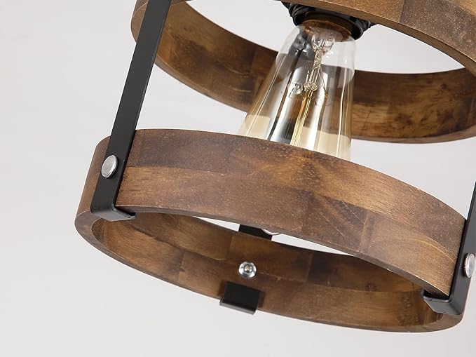 Rustic Farmhouse Wood Flush Mount Ceiling Light Fixture Oak Wood and Metal Round Cage Small Semi Flush Mount Ceiling Light for Kitchen Hallway Entry Bedroom Country Farmhouse, Black