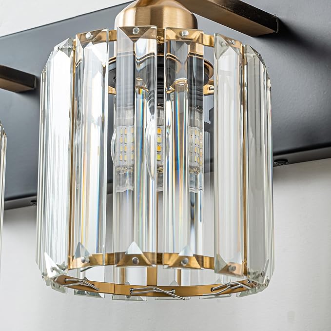 2-Light Crystal Bathroom Vanity Lights, Black Gold Modern Bathroom Light Fixtures Over Mirror Crystal Wall Lighting with Polished Gold Finish