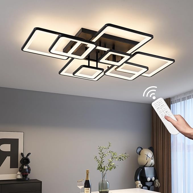 Shine LUEST Modern LED Ceiling Light, Dimmable LED Chandelier Black Flush Mount Ceiling Lights, Remote Control Acrylic Ring Ceiling Lamp Fixture for Living Room Dining Room Bedroom, 8H-FANG-BL-04