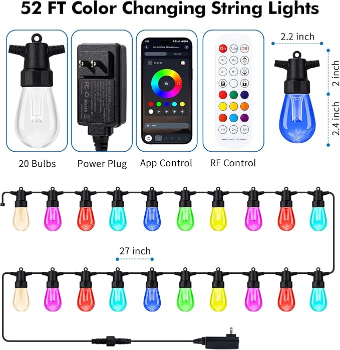 Outdoor String Lights Waterproof Patio Lights 52FT 20 RGBW Dimmable LED Bulbs, APP & Remote Control, Shatterproof Hanging Color Changing Lights for Outside Backyard Party Porch Balcony (52FT)