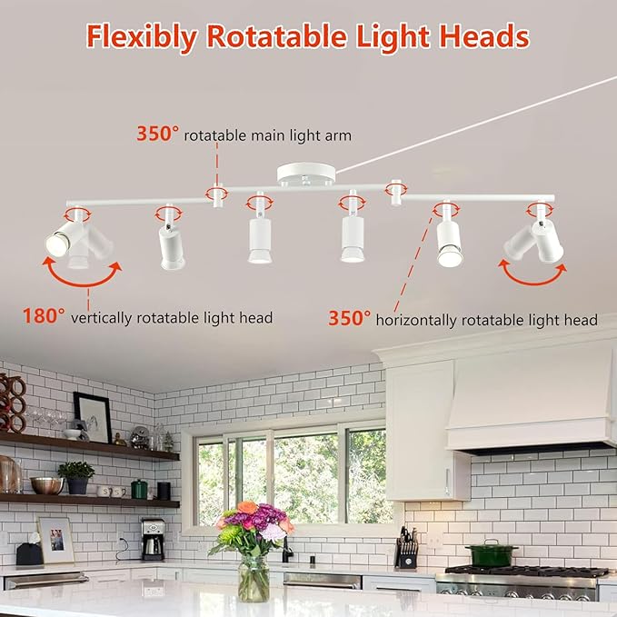 Dimmable 6 Light White Plug in Track Light White Plug in Ceiling Lighting Fixture with 16.4' Long Cord,6 Way Ceiling Spotlight,Rotatable Wall Mount Light Head,LED dimmable Spot Bulbs Included
