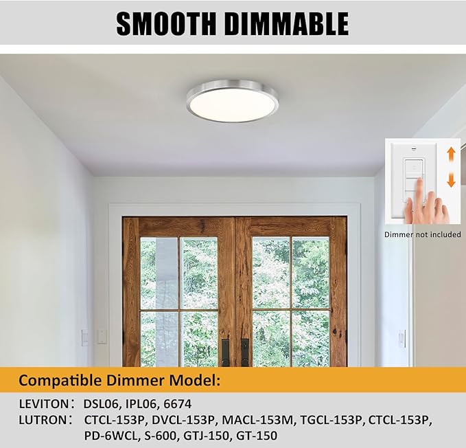 12 Inch Flush Mount LED Ceiling Light Fixture, Slim Dimmable Flush Mount Light for Kitchen, Metal and Glass Modern Ceiling Light for Low Ceiling, Bedroom, Laundry, Brushed Nickel, 22W, 3000K, 2 Pack